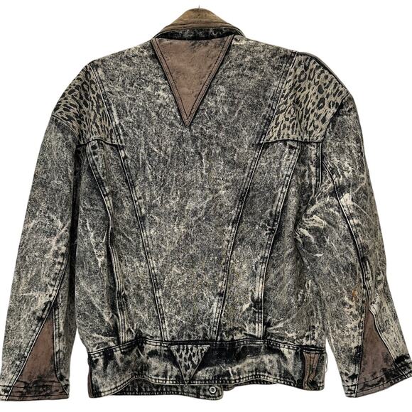 Winlit Vintage Tan Black Suede & Denim Acid Wash Animal Print Biker Jacket S - Picture 16 of 16